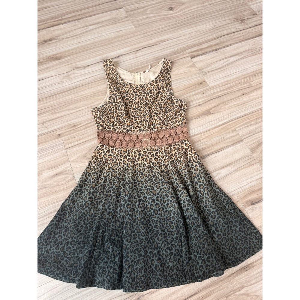 Free People Leopard Print Ombre Mini Dress Green Tan Crochet Waist‎ 4 OB403212